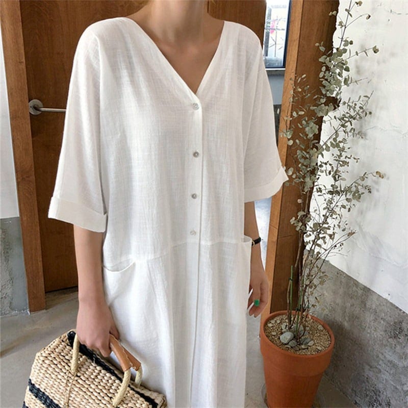 作/ゆったり/大きいサイズ/綿麻/ワンピース/2025/夏/薄/Vネック/シャツワンピース/女性カップ付きインナー 作/ゆったり/大きいサイズ/綿麻/ワンピース/2025/夏/薄/Vネック/シャツワンピース/女性カップ付きインナー