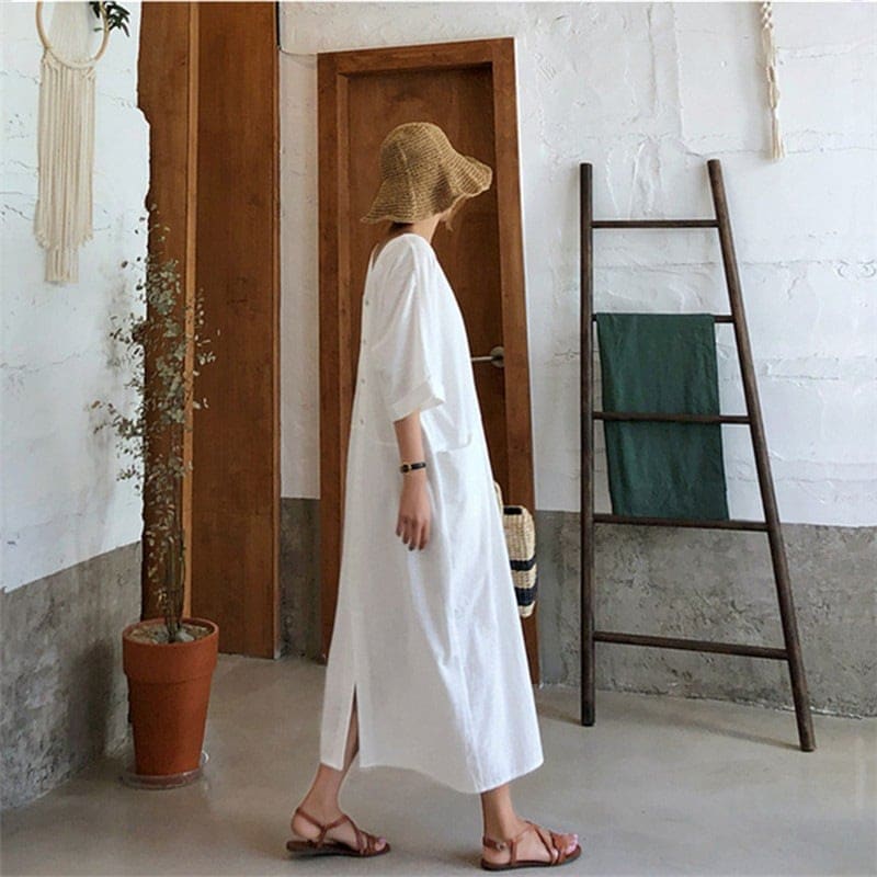 作/ゆったり/大きいサイズ/綿麻/ワンピース/2025/夏/薄/Vネック/シャツワンピース/女性カップ付きインナー 作/ゆったり/大きいサイズ/綿麻/ワンピース/2025/夏/薄/Vネック/シャツワンピース/女性カップ付きインナー