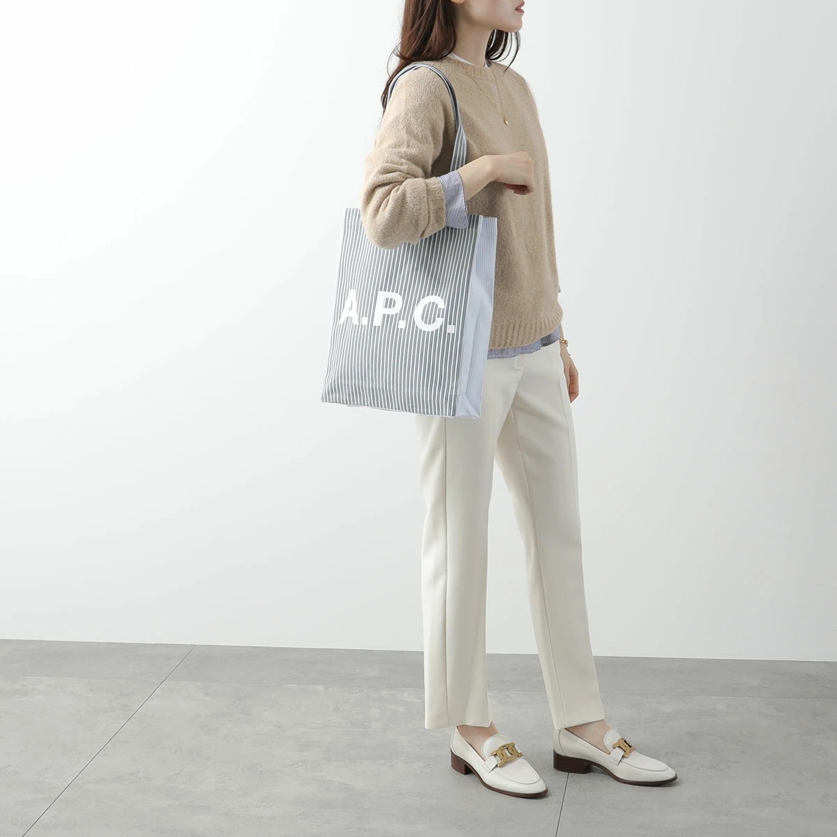 APC A.P.C. アーペーセー トートバッグ TOTE LOU ルー COHDO M61442 レディース ストライプ柄 コットン ロゴ 鞄 IAA/BLUE