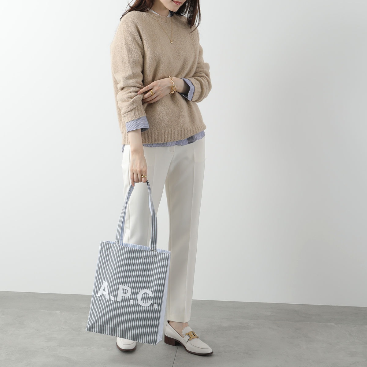 APC A.P.C. アーペーセー トートバッグ TOTE LOU ルー COHDO M61442 レディース ストライプ柄 コットン ロゴ 鞄 IAA/BLUE