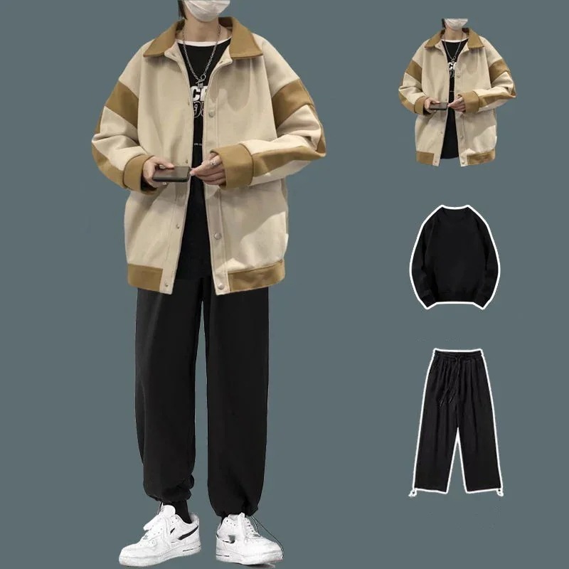 入荷オシャレトレンド上下3点セット メンズファッションウールジャケット+百掛けTシャツ+カジュアルスウェットパンツセット 入荷オシャレトレンド上下3点セット メンズファッションウールジャケット+百掛けTシャツ+カジュアルスウェットパンツセット