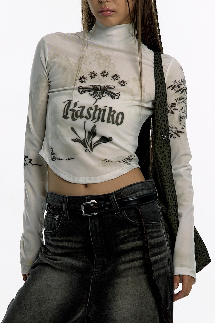 KASHIKO】 INK PAINTING HIGHNECK MESH TOP
