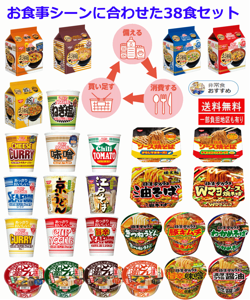 【カップ麺】【災害時に役立つ保存食特集】 お食事シーンに合わせたローリングストック 袋麺からデカ盛りまでの カップラーメン 焼きそば カップヌードル 日清食品 38食セット 関東圏送料無料 【カップ麺】【災害時に役立つ保存食特集】 お食事シーンに合わせたローリングストック 袋麺からデカ盛りまでの カップラーメン 焼きそば カップヌードル 日清食品 38食セット 関東圏送料無料