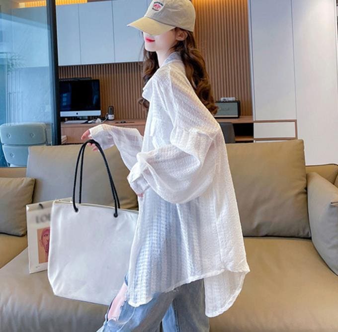 シアー ポケットシャツ シースルー 羽織り 夏 春 uvカット シャツ シアーシャツ ストライプ レディース uv カーディガン サマーカーディガン UV対策 日焼け止め 紫外線対策 ロング ブラウス