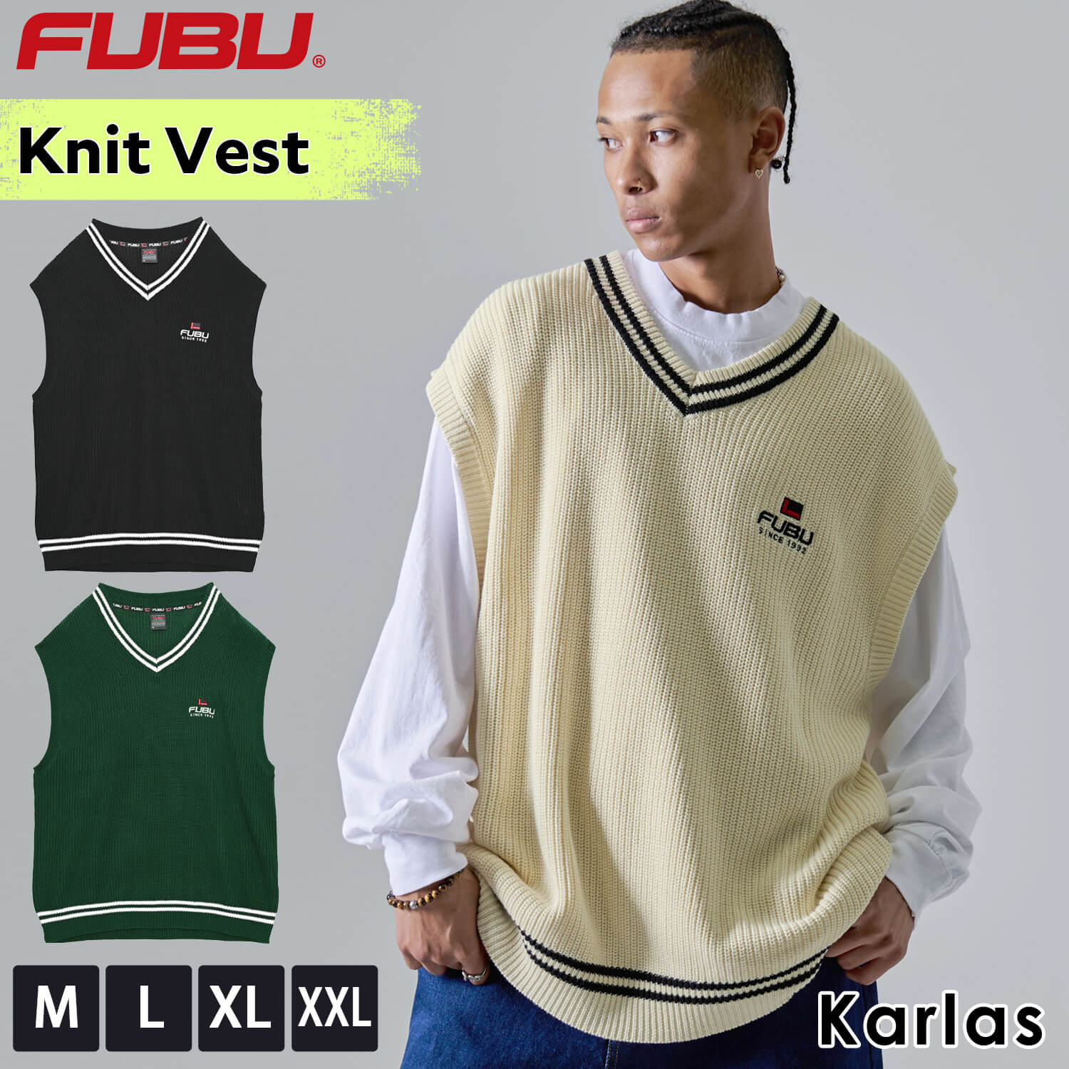 FUBU ベスト メンズ レディース ニットベスト トップス ブランド Vネック ライン 秋 冬 ワッペン ロゴ 刺繍 XL XXL オーバーサイズ アメカジ ユニセックス 男女兼用 ストリート