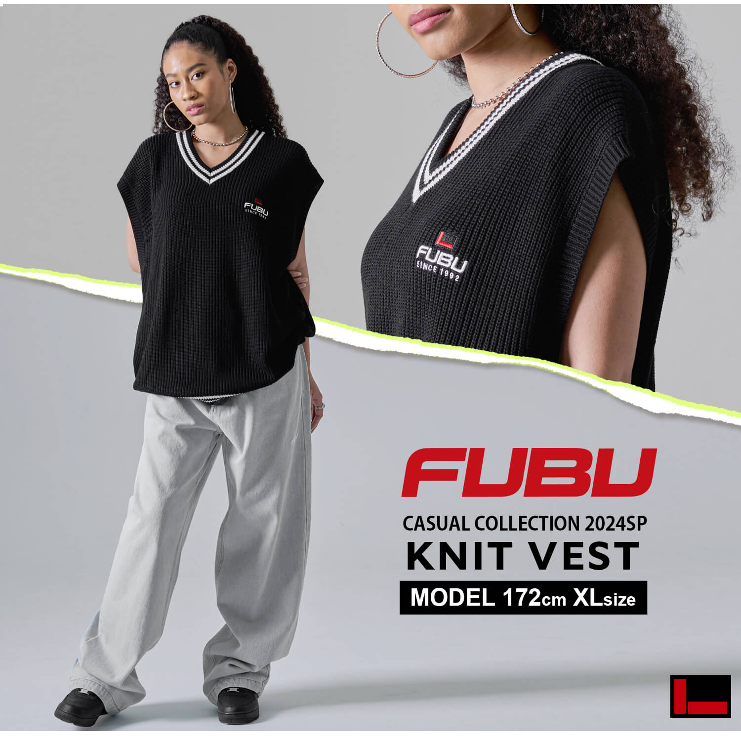 FUBU ベスト メンズ レディース ニットベスト トップス ブランド Vネック ライン 秋 冬 ワッペン ロゴ 刺繍 XL XXL オーバーサイズ アメカジ ユニセックス 男女兼用 ストリート