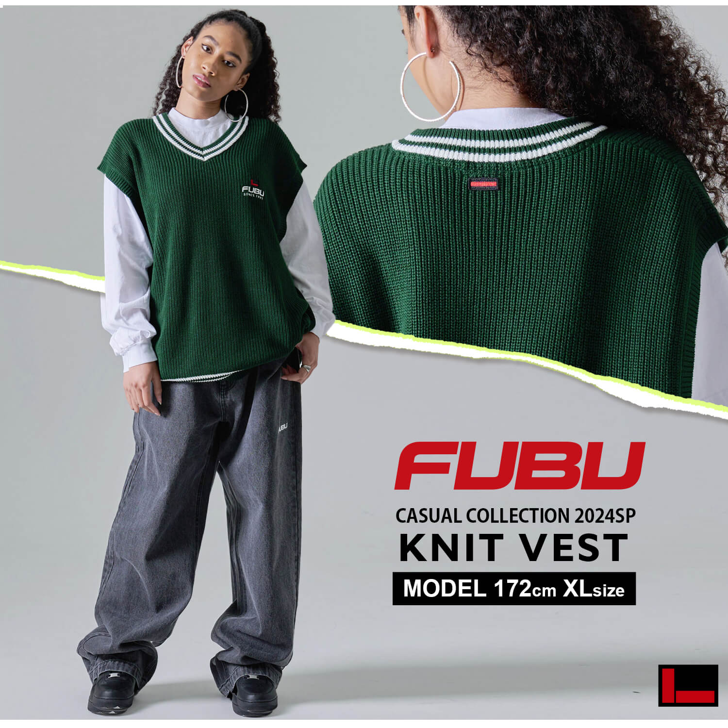 FUBU ベスト メンズ レディース ニットベスト トップス ブランド Vネック ライン 秋 冬 ワッペン ロゴ 刺繍 XL XXL オーバーサイズ アメカジ ユニセックス 男女兼用 ストリート