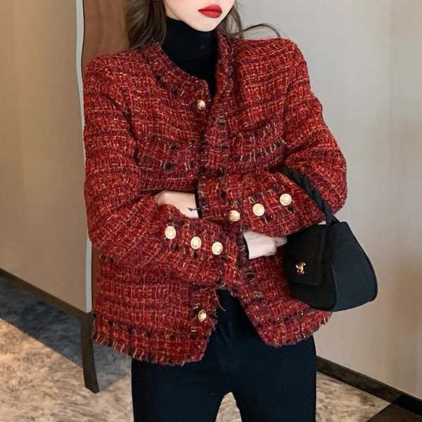 お得な価格ノーカラージャケット ショートジャケット 高品質 ツイード レッド系 カジュアル セレモニー 結婚式 大きいサイズ有り2XL ほっそり効果大 お得な価格ノーカラージャケット ショートジャケット 高品質 ツイード レッド系 カジュアル セレモニー 結婚式 大きいサイズ有り2XL ほっそり効果大