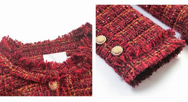 お得な価格ノーカラージャケット ショートジャケット 高品質 ツイード レッド系 カジュアル セレモニー 結婚式 大きいサイズ有り2XL ほっそり効果大 お得な価格ノーカラージャケット ショートジャケット 高品質 ツイード レッド系 カジュアル セレモニー 結婚式 大きいサイズ有り2XL ほっそり効果大