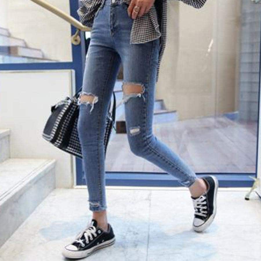 ダメージ スキニー レディース デニムパンツ タイト ジーンズ アンクル クラッシュデニム 穴開き ボトムス 美脚 ジーパン【ネコポス可】