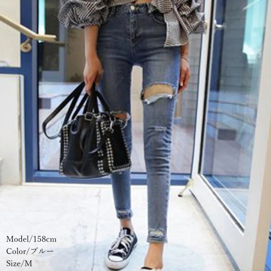 ダメージ スキニー レディース デニムパンツ タイト ジーンズ アンクル クラッシュデニム 穴開き ボトムス 美脚 ジーパン【ネコポス可】