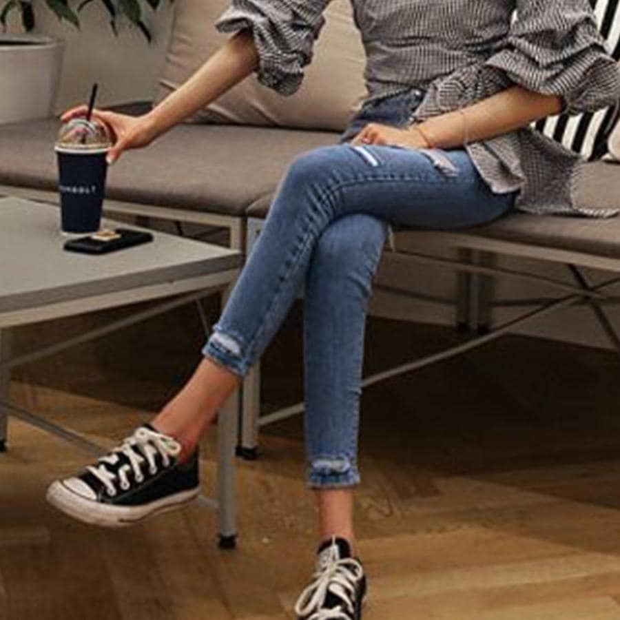 ダメージ スキニー レディース デニムパンツ タイト ジーンズ アンクル クラッシュデニム 穴開き ボトムス 美脚 ジーパン【ネコポス可】