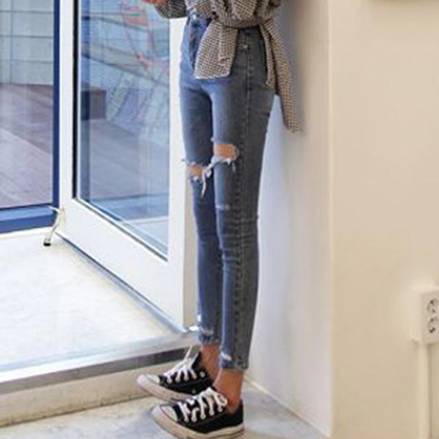 ダメージ スキニー レディース デニムパンツ タイト ジーンズ アンクル クラッシュデニム 穴開き ボトムス 美脚 ジーパン【ネコポス可】