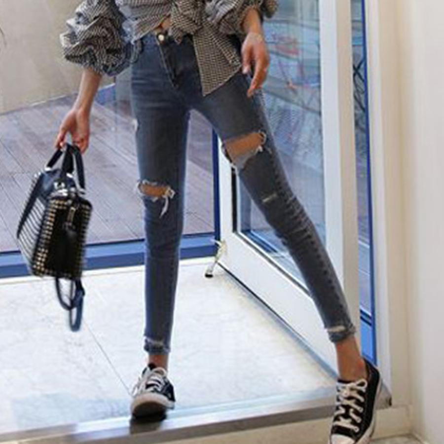 ダメージ スキニー レディース デニムパンツ タイト ジーンズ アンクル クラッシュデニム 穴開き ボトムス 美脚 ジーパン【ネコポス可】