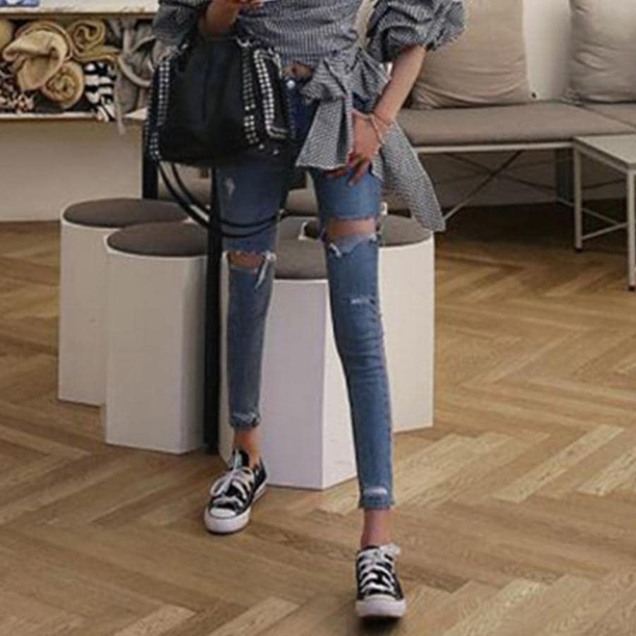 ダメージ スキニー レディース デニムパンツ タイト ジーンズ アンクル クラッシュデニム 穴開き ボトムス 美脚 ジーパン【ネコポス可】