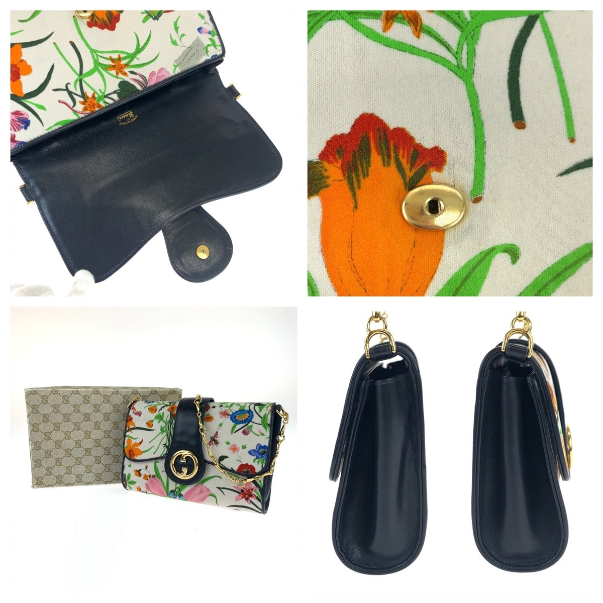 希少 ヴィンテージ オールドグッチ フローラ インターロッキングG ビットチェーン マルチカラー ホワイト 白 ゴールド金具 キャンバス レザー ショルダーバッグ 肩掛け レディース 406509