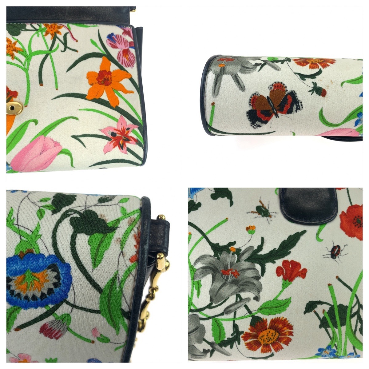 希少 ヴィンテージ オールドグッチ フローラ インターロッキングG ビットチェーン マルチカラー ホワイト 白 ゴールド金具 キャンバス レザー ショルダーバッグ 肩掛け レディース 406509