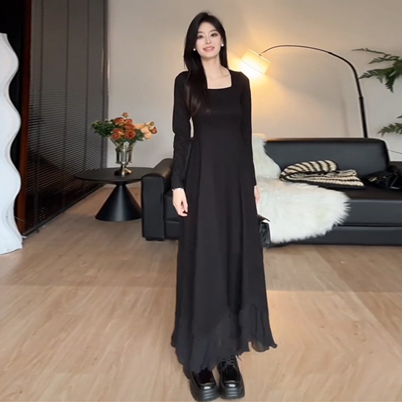 不規則なドレープとインナーロングスカートを備えた初秋の女性用フレンチ長袖ニットドレスX58