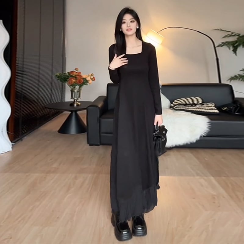 不規則なドレープとインナーロングスカートを備えた初秋の女性用フレンチ長袖ニットドレスX58
