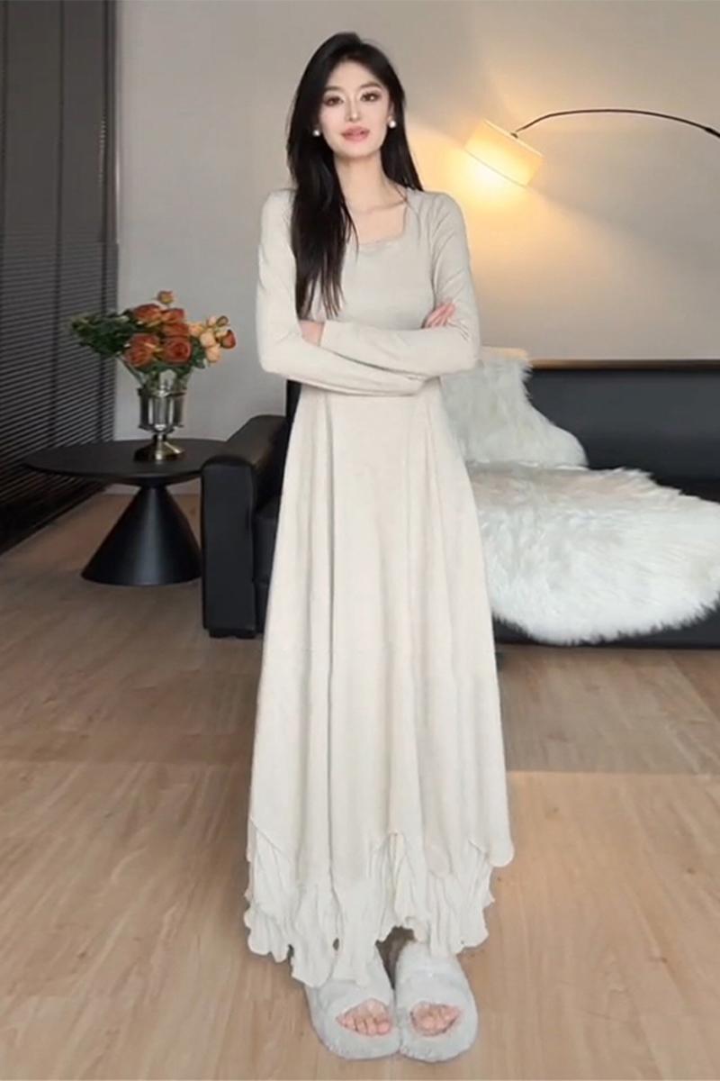 不規則なドレープとインナーロングスカートを備えた初秋の女性用フレンチ長袖ニットドレスX58