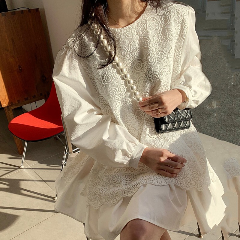 2色 ワンピース 長袖 春 かわいい フォーマル aライン aライン Aライン フレア 膝丈 ひざ丈 膝上 ボリューム袖 ボリュームスリーブ 袖コンシャス Uネック ラウンドネック 襟なし フレア セ