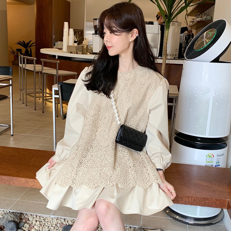 2色 ワンピース 長袖 春 かわいい フォーマル aライン aライン Aライン フレア 膝丈 ひざ丈 膝上 ボリューム袖 ボリュームスリーブ 袖コンシャス Uネック ラウンドネック 襟なし フレア セ