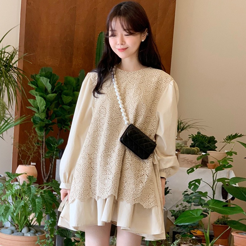 2色 ワンピース 長袖 春 かわいい フォーマル aライン aライン Aライン フレア 膝丈 ひざ丈 膝上 ボリューム袖 ボリュームスリーブ 袖コンシャス Uネック ラウンドネック 襟なし フレア セ