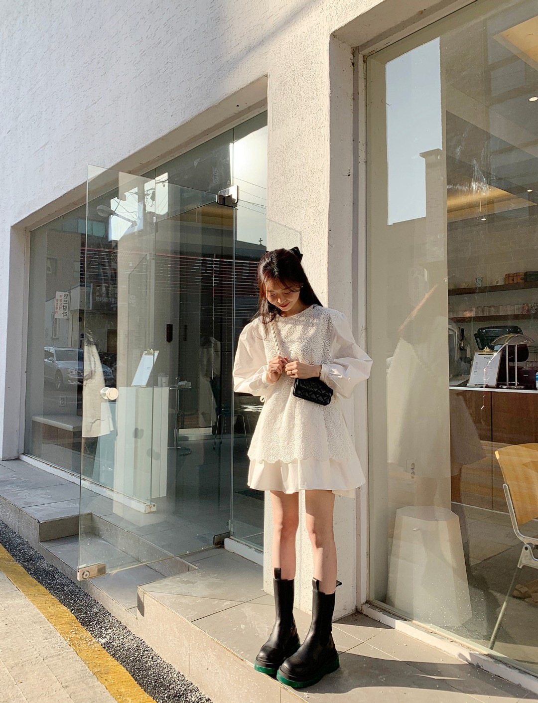 2色 ワンピース 長袖 春 かわいい フォーマル aライン aライン Aライン フレア 膝丈 ひざ丈 膝上 ボリューム袖 ボリュームスリーブ 袖コンシャス Uネック ラウンドネック 襟なし フレア セ