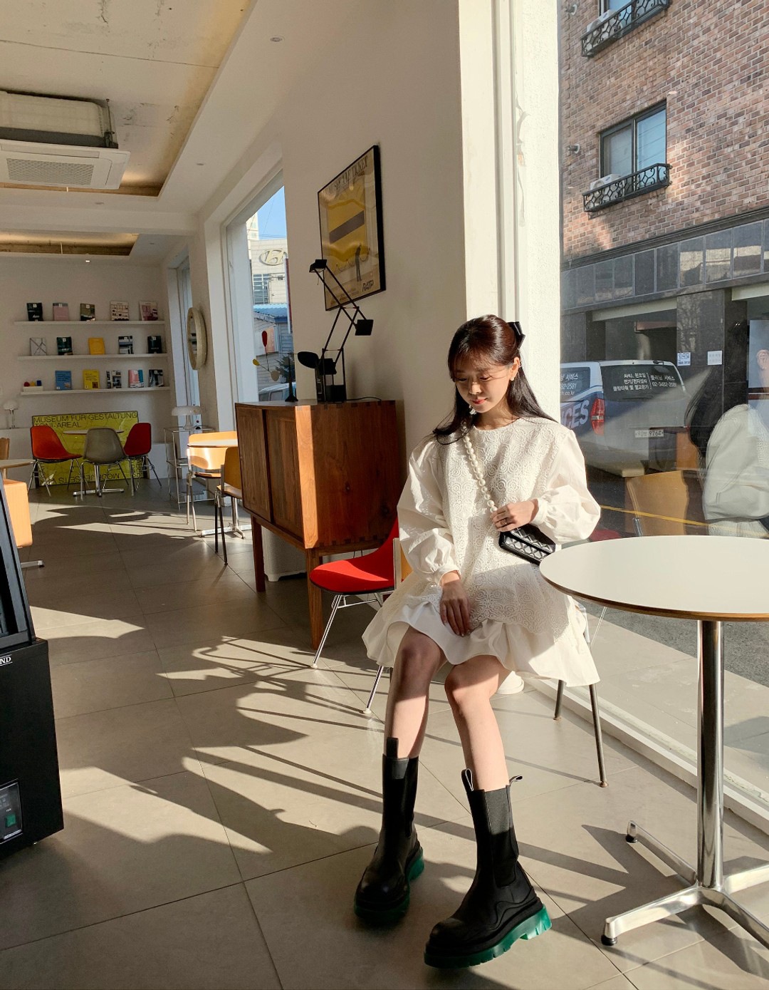 2色 ワンピース 長袖 春 かわいい フォーマル aライン aライン Aライン フレア 膝丈 ひざ丈 膝上 ボリューム袖 ボリュームスリーブ 袖コンシャス Uネック ラウンドネック 襟なし フレア セ