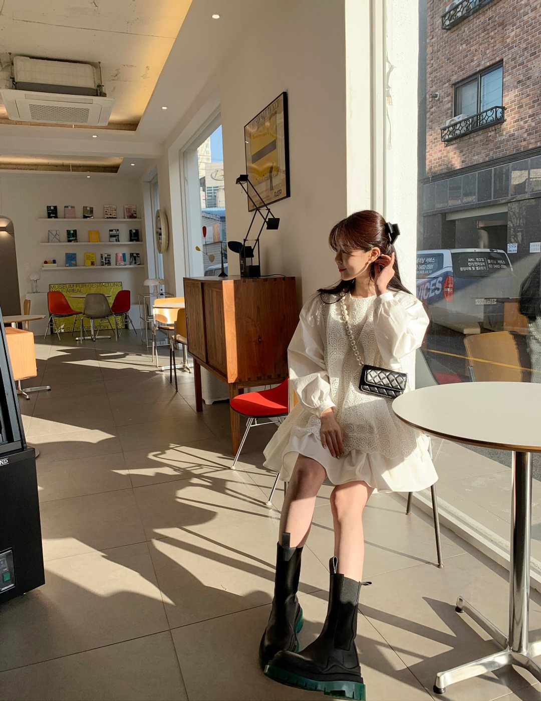 2色 ワンピース 長袖 春 かわいい フォーマル aライン aライン Aライン フレア 膝丈 ひざ丈 膝上 ボリューム袖 ボリュームスリーブ 袖コンシャス Uネック ラウンドネック 襟なし フレア セ