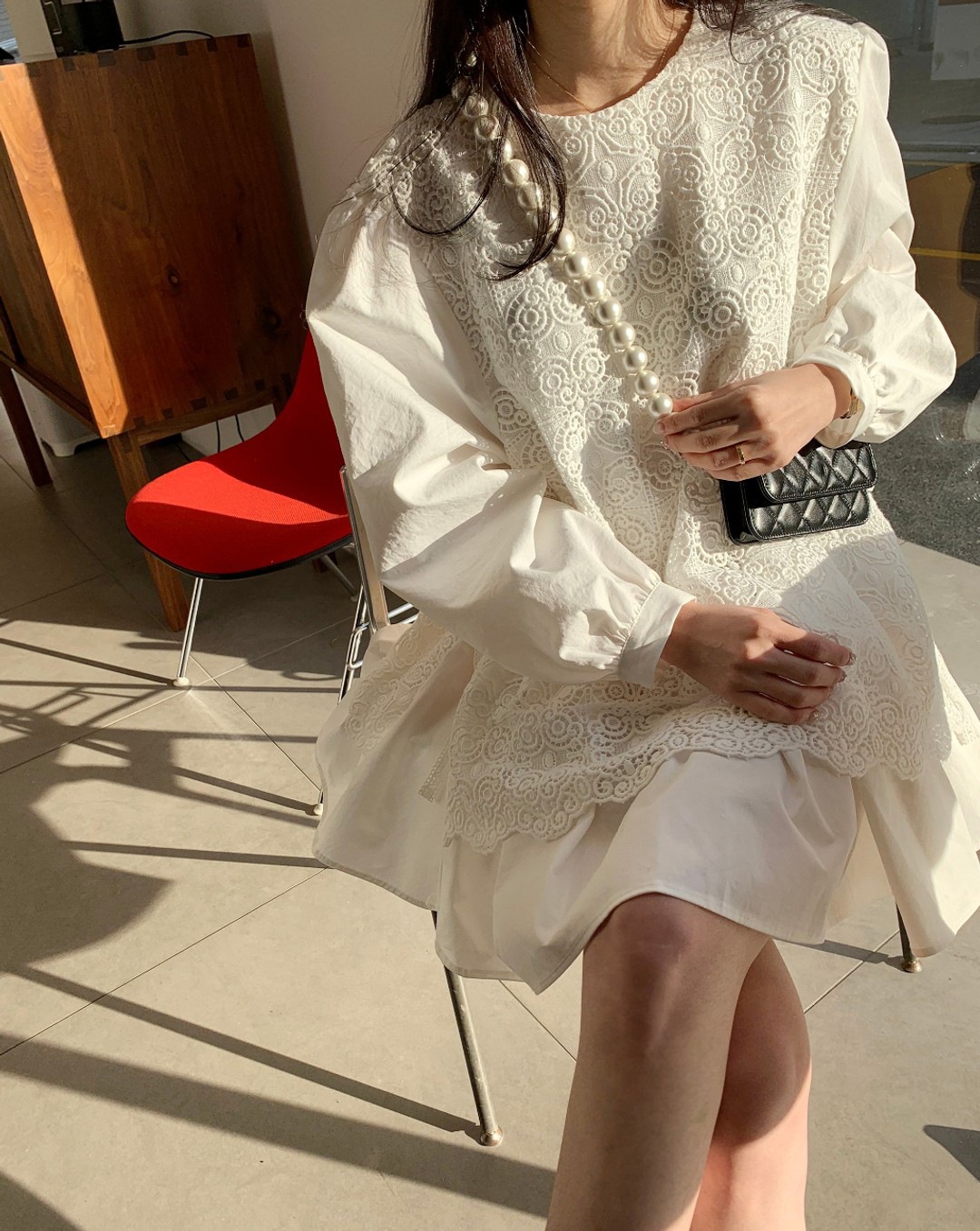 2色 ワンピース 長袖 春 かわいい フォーマル aライン aライン Aライン フレア 膝丈 ひざ丈 膝上 ボリューム袖 ボリュームスリーブ 袖コンシャス Uネック ラウンドネック 襟なし フレア セ