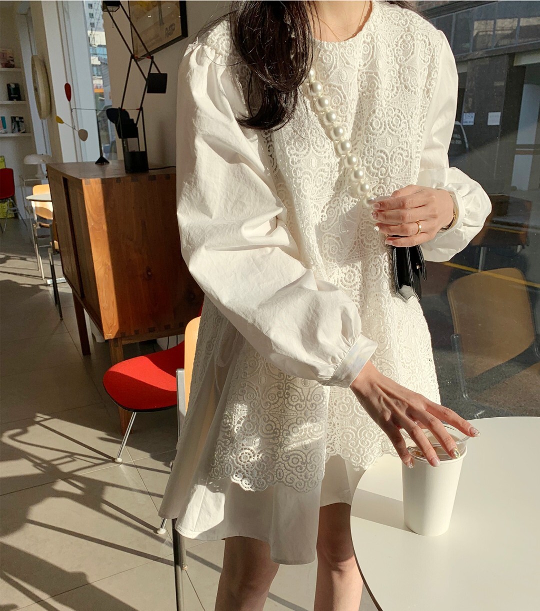 2色 ワンピース 長袖 春 かわいい フォーマル aライン aライン Aライン フレア 膝丈 ひざ丈 膝上 ボリューム袖 ボリュームスリーブ 袖コンシャス Uネック ラウンドネック 襟なし フレア セ