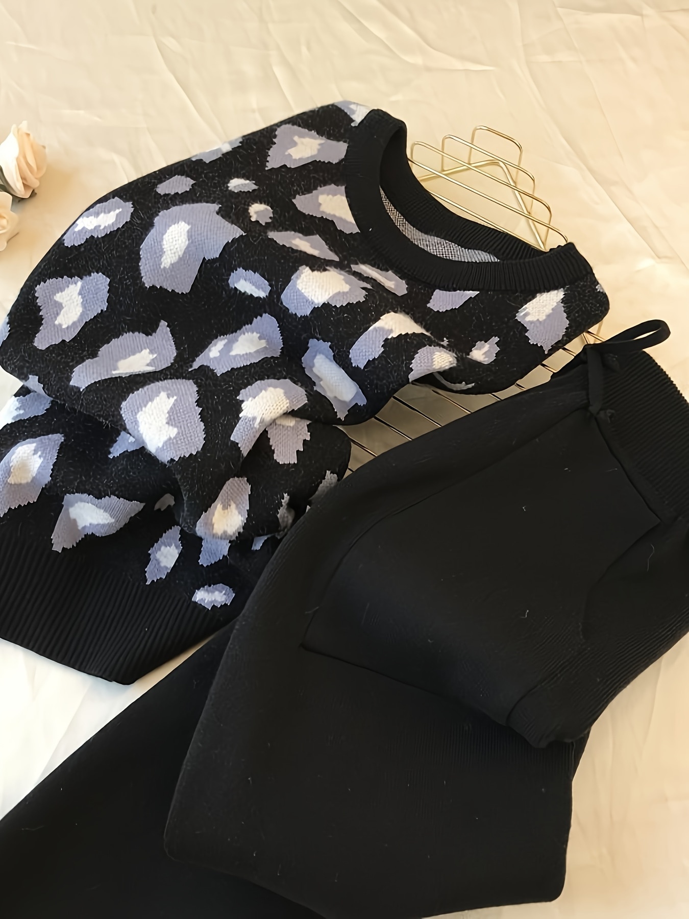 レオパード柄ニットスーツ長袖クルーネックセーター＆ドローストリングパンツ女性用