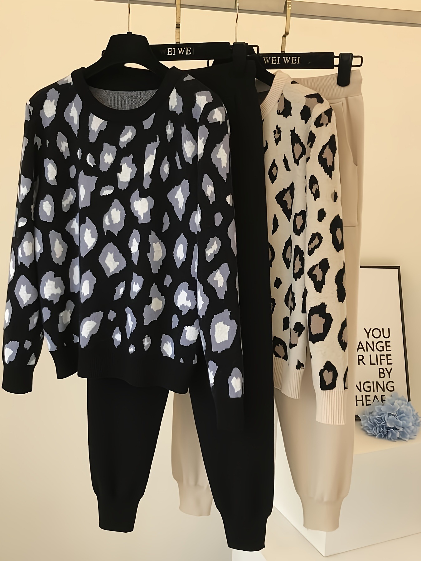 レオパード柄ニットスーツ長袖クルーネックセーター＆ドローストリングパンツ女性用