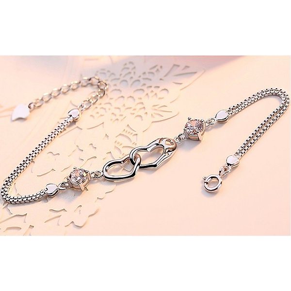 ブレスレット レディース ダブルハート 2粒ダイヤ ハートモチーフ 2色 白 紫プラチナ仕上げ シルバー925 母の日ギフト 彼女 妻 女性 ブレスレット レディース ダブルハート 2粒ダイヤ ハートモチーフ 2色