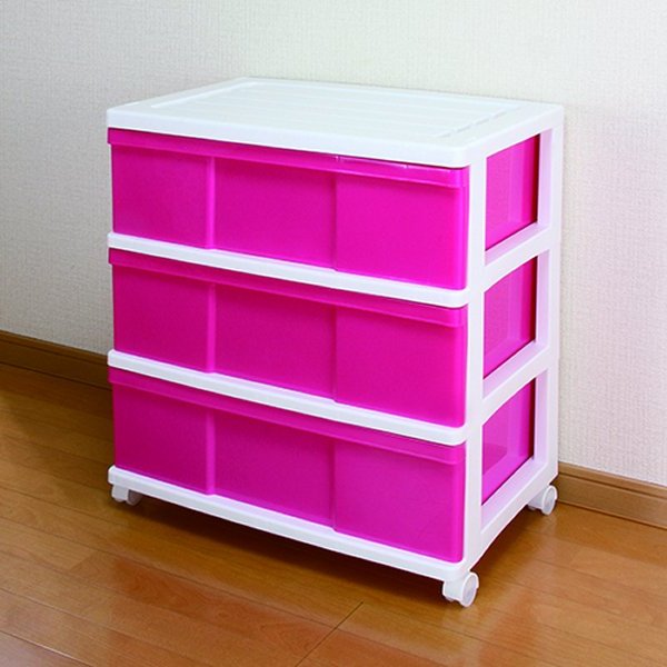 完成品 ワイドチェスト 収納ケース プラスチック 引き出し 3段 おしゃれ ホワイト／ピンク