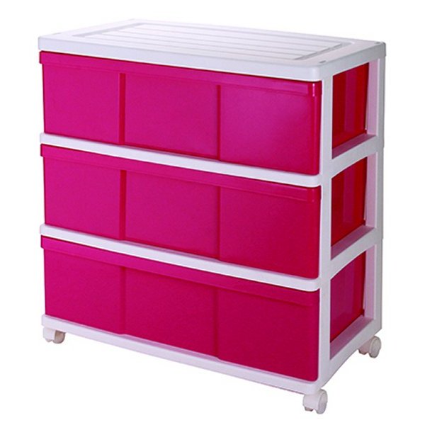 完成品 ワイドチェスト 収納ケース プラスチック 引き出し 3段 おしゃれ ホワイト／ピンク
