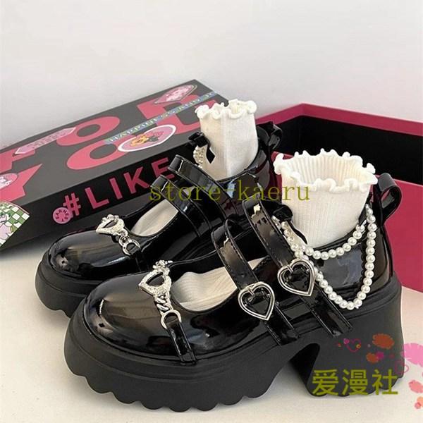 パンプス 厚底パンプス チャンキーヒール ハイヒール レディース ロリータ ハートバックル チェーン ラウンドトゥ メイド靴 ゴスロリ