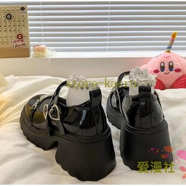 パンプス 厚底パンプス チャンキーヒール ハイヒール レディース ロリータ ハートバックル チェーン ラウンドトゥ メイド靴 ゴスロリ
