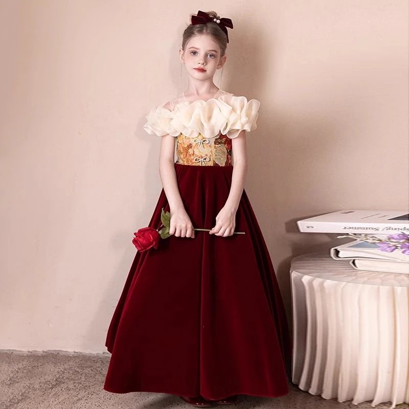 レッドガールステージホスト子供用パフォーマンス服フラワーガールウェディングドレスリトルガール誕生日プリンセスドレス