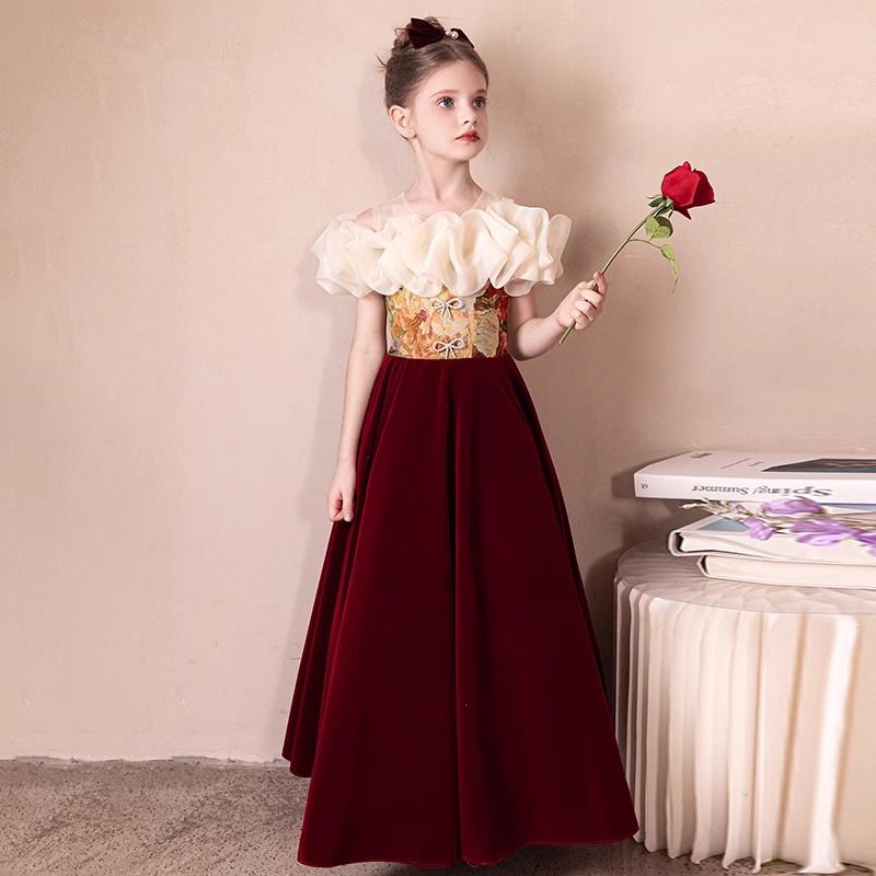 レッドガールステージホスト子供用パフォーマンス服フラワーガールウェディングドレスリトルガール誕生日プリンセスドレス