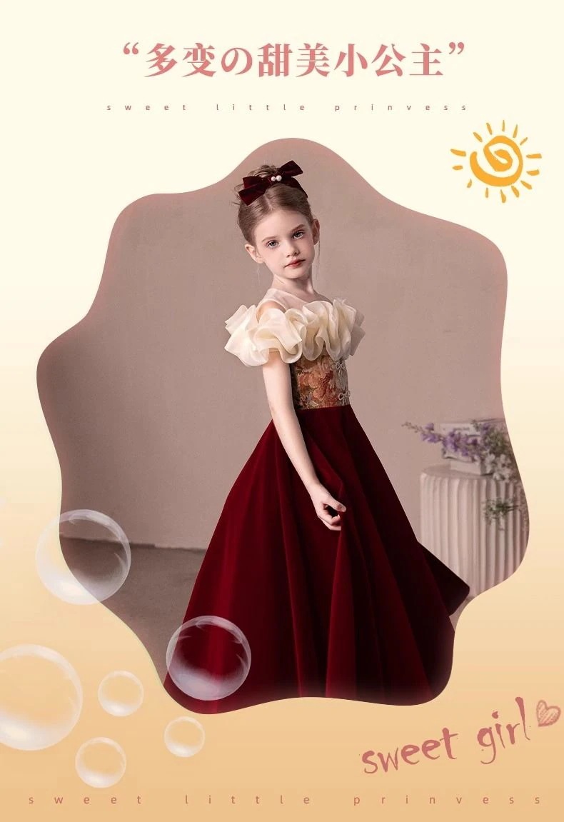 レッドガールステージホスト子供用パフォーマンス服フラワーガールウェディングドレスリトルガール誕生日プリンセスドレス