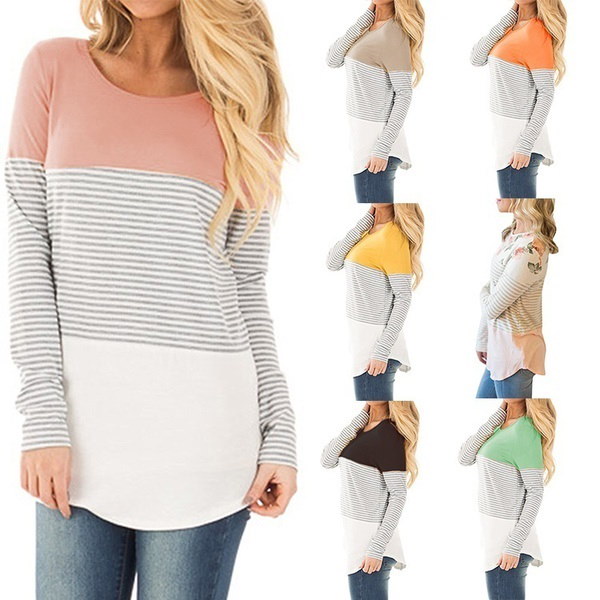 女性の長袖カラーブロックパッチワークチュニックラウンドネックTシャツトップ 女性の長袖カラーブロックパッチワークチュニックラウンドネックTシャツトップ
