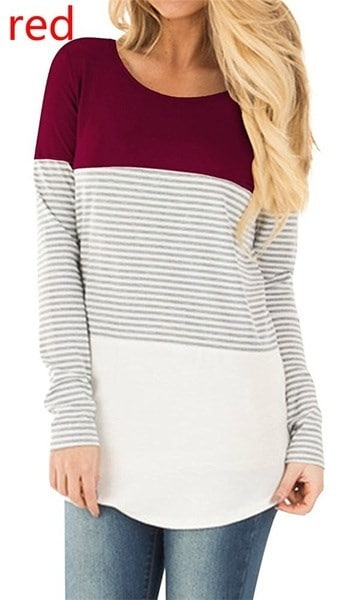 女性の長袖カラーブロックパッチワークチュニックラウンドネックTシャツトップ 女性の長袖カラーブロックパッチワークチュニックラウンドネックTシャツトップ