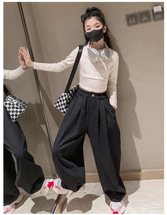 子供服 セットアップ キッズ 女の子 秋服 新品 上下セット ジュニア服 普段着 通学着 運動着 長袖 立ち襟 トップス 長ズボン ワイドパンツ ガールズ カジュアル 春秋 新品 ファッション ブラッ