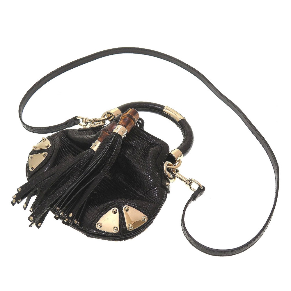 美品 ショルダー ストラップ インディ 197051 ハンドバッグ リザード/リザード ブラック 0006【中古】 レディース