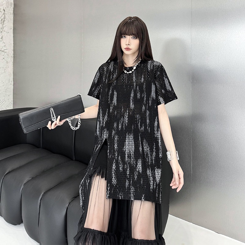 【Noir Mode】プリント メッシュ Tシャツ 2025 夏 新作 ファッション ルーズ アシンメトリック Tシャツドレス 【Noir Mode】プリント メッシュ Tシャツ 2025 夏 新作 ファッション ルーズ アシンメトリック Tシャツドレス