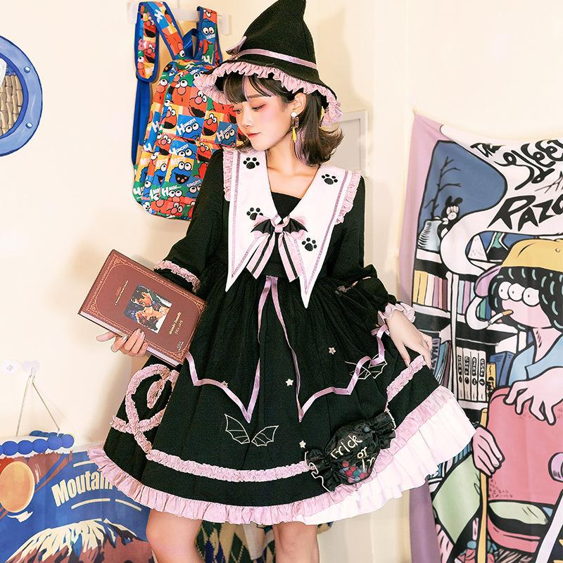 ロリータ ワンピース 長袖 秋冬 オリジナル 魔法屋 ゴシック系 猫の肉球 ゆめかわいい コスプレ コスチューム