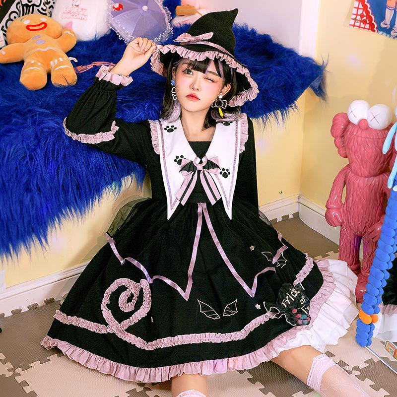 ロリータ ワンピース 長袖 秋冬 オリジナル 魔法屋 ゴシック系 猫の肉球 ゆめかわいい コスプレ コスチューム
