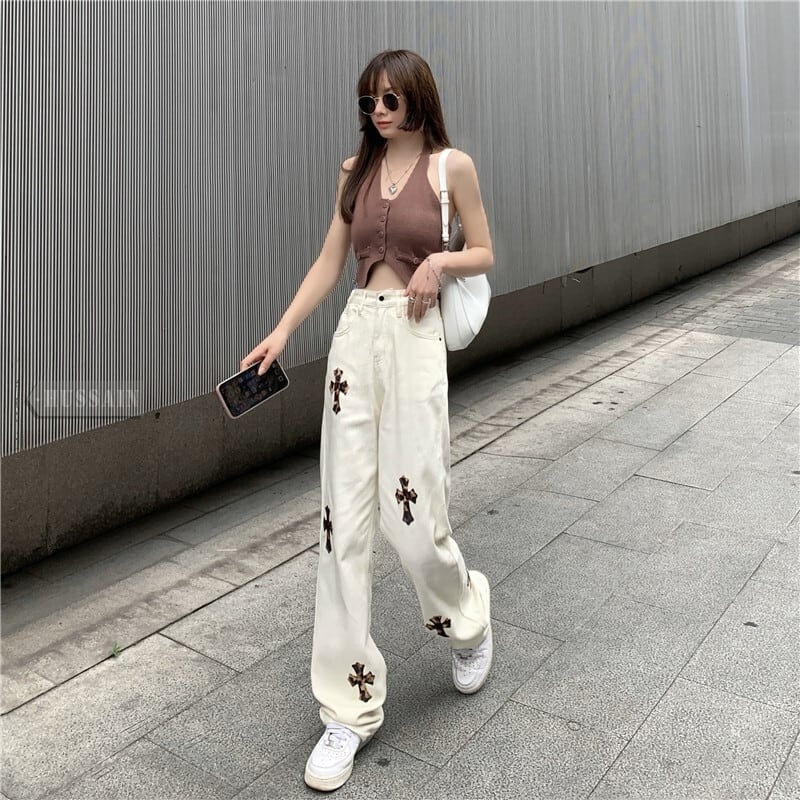 2024春夏ジーンズ パンツ ハイウエスト ストリート ハンサム女子 ゆるダボ 美脚 体型カバー ホワイトコーデ スタイルアップ 色っぽ 女っぽ カジュアル きれいめ 大人っぽ夏